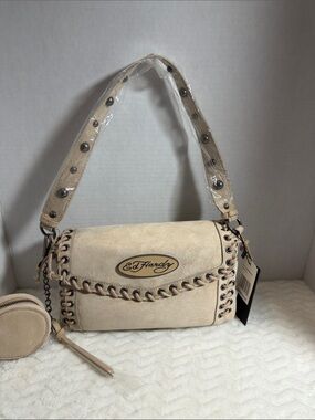 Ed Hardy Beige Suede Shoulder Bag with Braided Trim and Coin Pouch